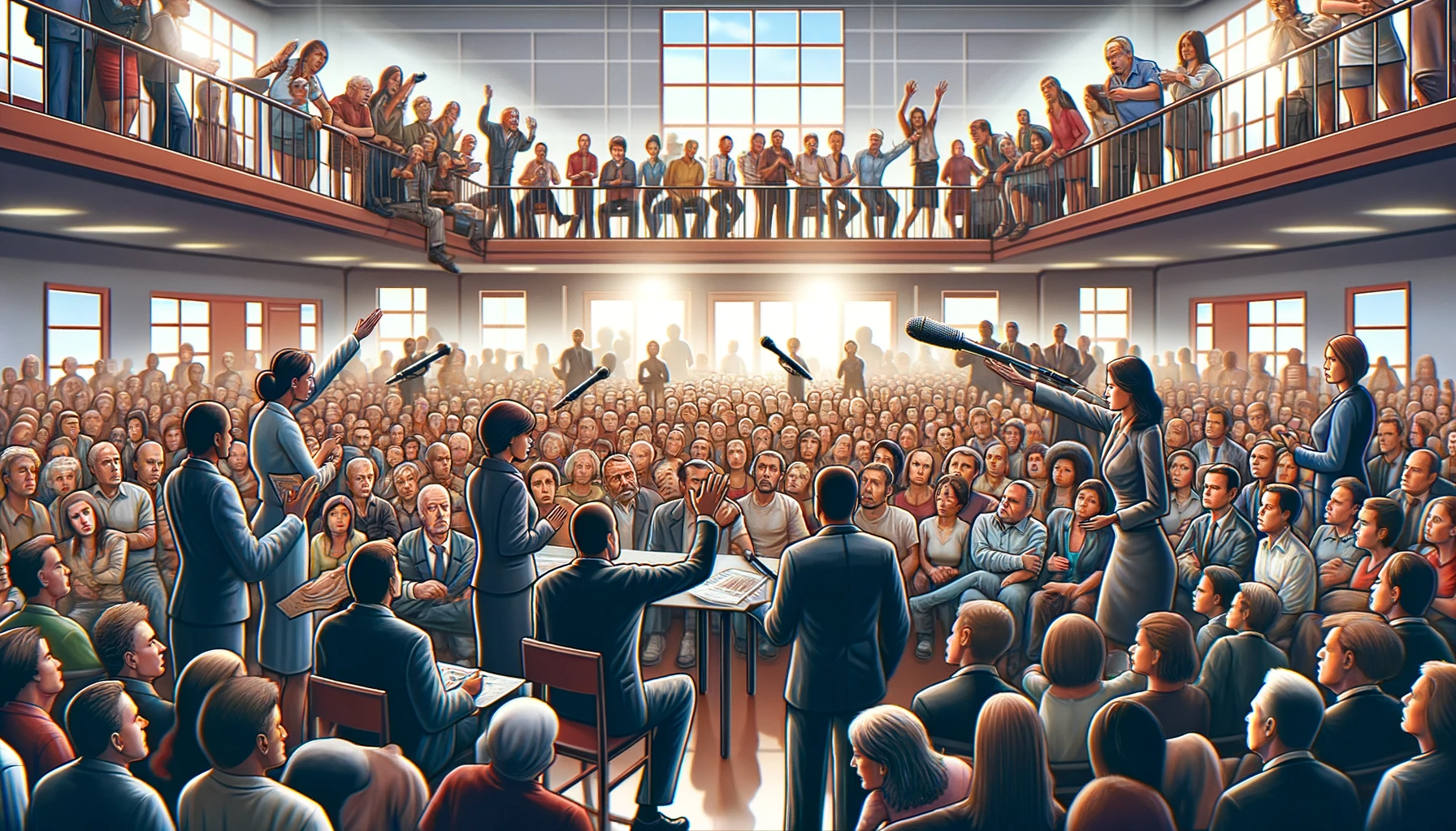 An illustration of a town hall meeting packed with people. In the foreground, a diverse group of professionals, some standing and others seated, are actively addressing the audience. They're focused on a central male figure at a lectern, who appears to be leading the discussion. The crowd, composed of a wide demographic, watches intently; some stand on balconies above. The room has a classic feel with wooden floors, brick walls, and large windows letting in light. The atmosphere is serious, capturing a moment of public engagement and discourse.