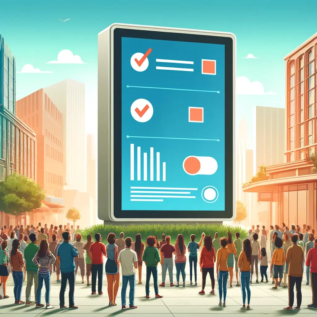 A digital illustration of a diverse group of people, representing various ethnicities and ages, engaging with a large digital touchscreen in a public square. The touchscreen displays an interactive voting and feedback interface. The setting features a modern city backdrop with skyscrapers, emphasizing a vibrant, inclusive community participating in civic activities.