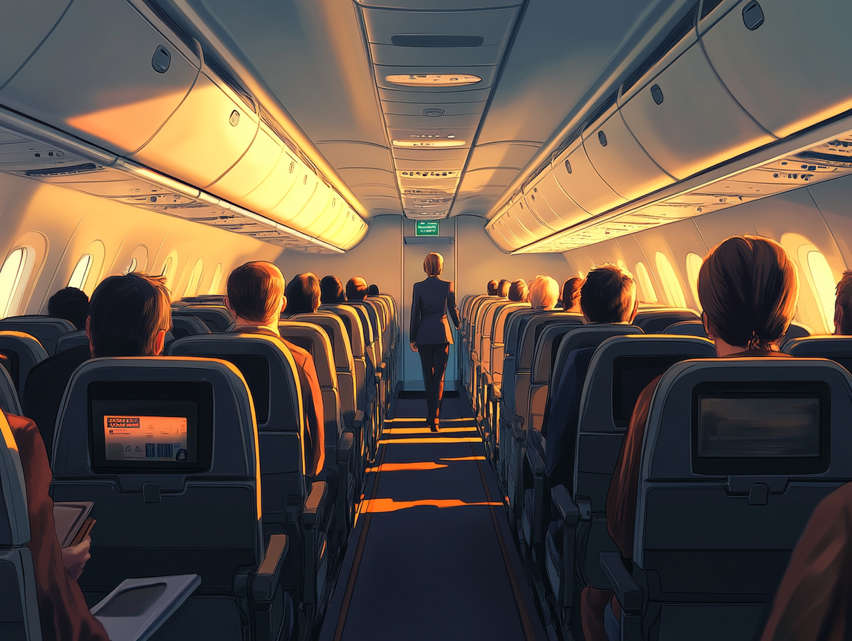 A view from the aisle seat of an airplane cabin during flight. The cabin is bathed in warm, golden light from the setting or rising sun, streaming through the windows on both sides. Overhead compartments are closed, and rows of passengers are visible, seated and facing forward. Some passengers are using in-flight entertainment screens on the seatbacks, while others are resting or reading. A flight attendant is walking down the center aisle toward the back of the plane, silhouetted against the light. The atmosphere is calm and serene, with soft lighting and shadows adding depth.