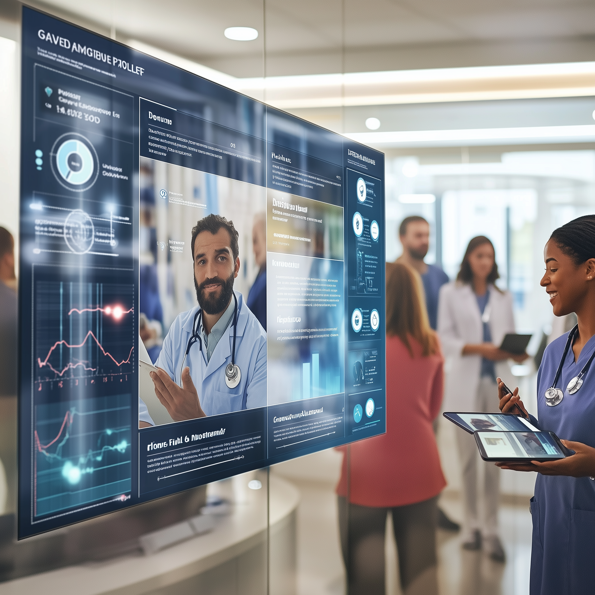 A group of medical professionals in a modern hospital setting interact with a large, transparent digital display showing a doctor's profile, medical charts, health statistics, and data visualizations. A female doctor in the foreground uses a tablet while viewing the display, which features a smiling male doctor in a lab coat, suggesting advanced digital patient information systems.
