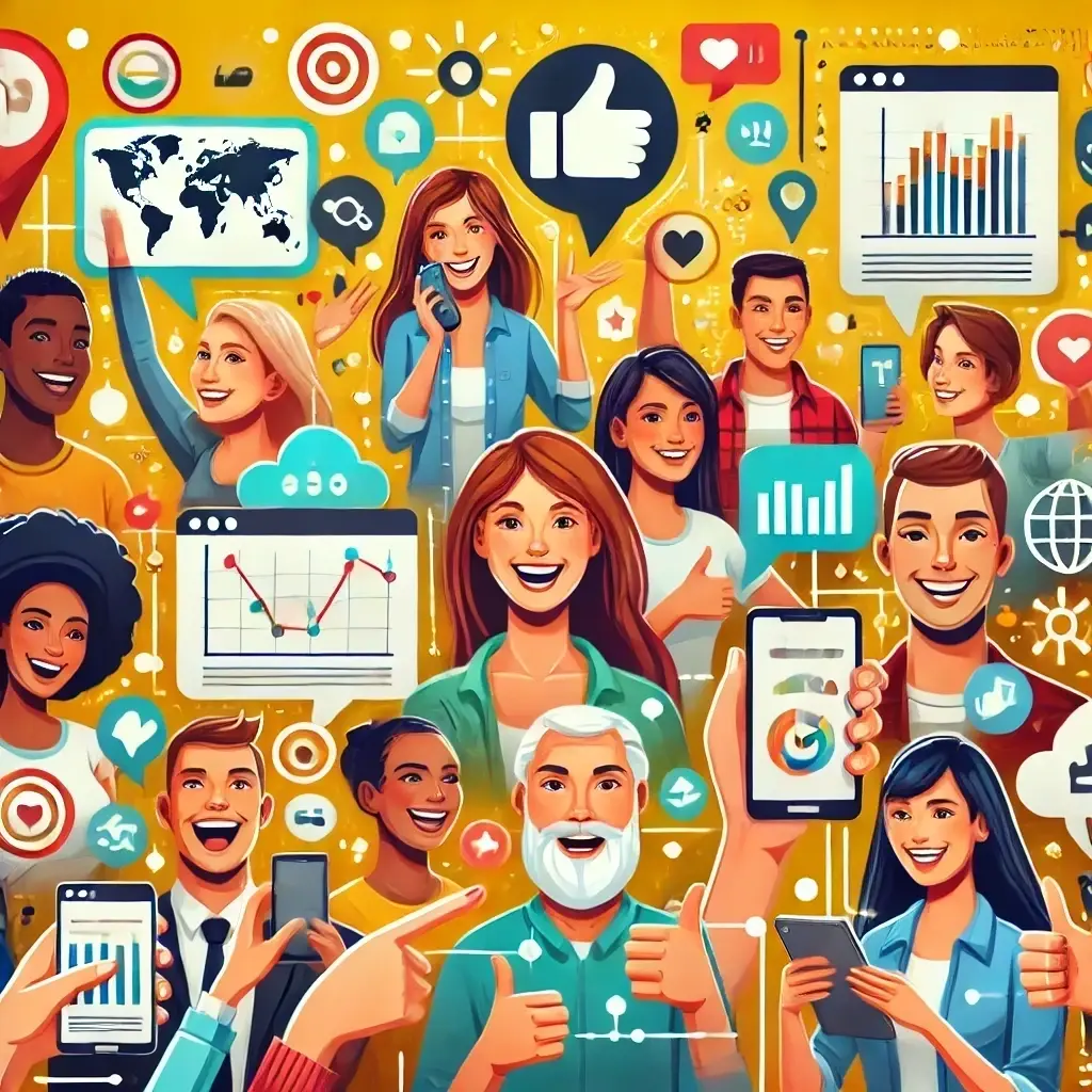 Image depicting diverse individuals engaging in discussions and voting using digital devices like tablets and smartphones, symbolizing civic engagement through smart technology. Speech bubbles, maps, and data visualizations emphasize interactive communication and community involvement in a warm color scheme.